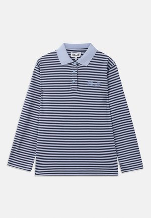 Långärmad polo-tröja med marinblå och ljusblå vågräta ränder, krage, tre knappslå och liten brodyr på bröstet.