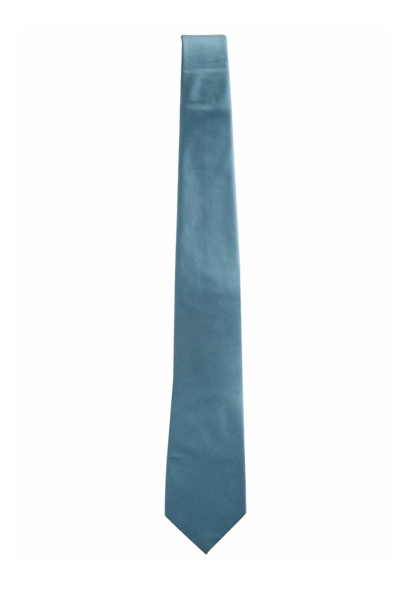 Silk slips i en dæmpet blå farve, med en glat tekstur og et smalt design, der spidser til i enden. Ingen mønstre eller accenter bemærket.