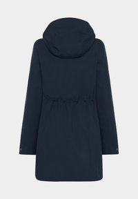 Mörkblå vattentät jacka med huva, elastisk midja och långa ärmar. Slät textur med ton-i-ton sömmar och knapppdetaljer.