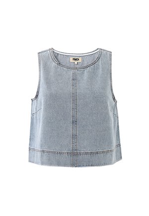 Haut court sans manches en denim bleu clair avec encolure ronde et détails visibles de couture marron sur les coutures.