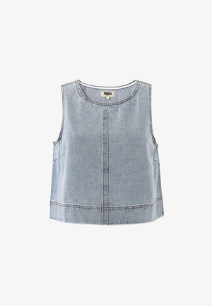 Haut court sans manches en denim bleu clair avec encolure ronde et détails visibles de couture marron sur les coutures.