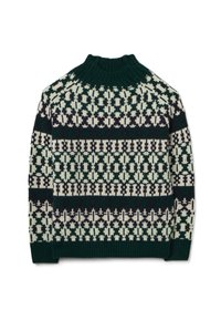 Strickpullover mit hohem Kragen, grünem Grundton und einem gemusterten Design mit cremefarbenen und dunkelvioletten Akzenten.