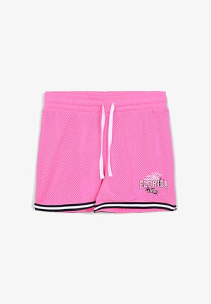 Różowe siatkowe szorty z wiązaniem w pasie, czarno-białe paski na krawędzi i nadrukowanym napisem "FLORIDA 1982" z przodu.