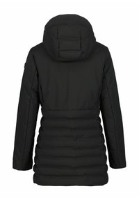 Zwarte gewatteerde winterjas met een capuchon, met horizontale stiksels en een soepele textuur. Het ontwerp heeft lange mouwen en is recht gesneden.