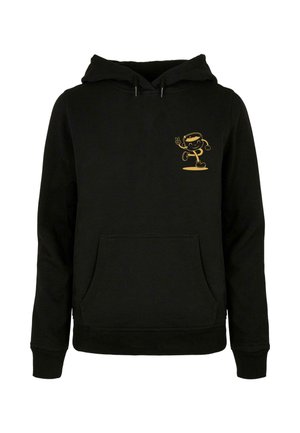 Melns kokvilnas hoody ar kangaroos kabatu, regulējamu auklu un dzeltenu grafiku ar varoni kreisajā krūtī.