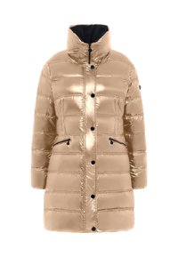 Kurtka puchowa w metalicznej złotej kolorystyce, z wysokim kołnierzem, poziomym pikowaniem, dwiema kieszeniami na zamek oraz czarnymi akcentami metalowymi.