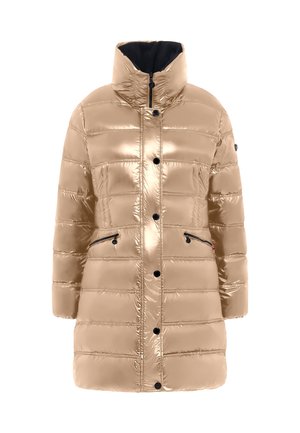 Opblaasjack in metallic goud, met een hoge kraag, horizontale quiltsteken, twee met rits afsluitbare zakken en zwarte hardware-accenten.