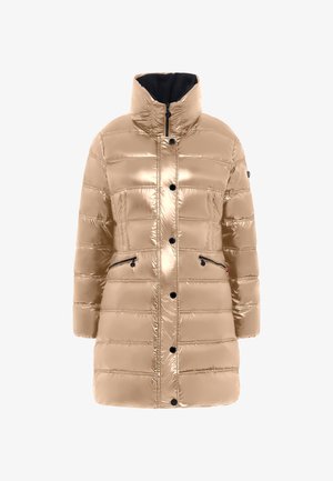 Opblaasjack in metallic goud, met een hoge kraag, horizontale quiltsteken, twee met rits afsluitbare zakken en zwarte hardware-accenten.