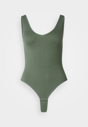 Ruggerne grüner Body mit V-Ausschnitt, breiten Trägern und hochgeschnittenem Gesäß. Mit einem Druckknopfverschluss am Boden.