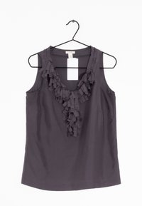 Dark gray sleeveless top with a ruffled neckline detail, made of smooth fabric. Features a tag and a standard hanger for display.