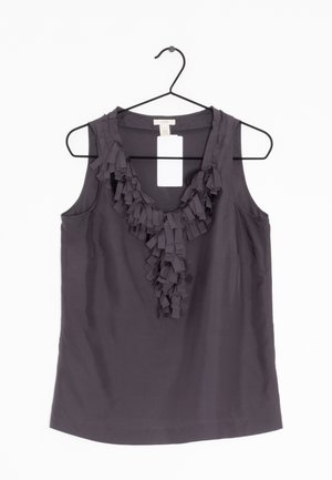 Dark gray sleeveless top with a ruffled neckline detail, made of smooth fabric. Features a tag and a standard hanger for display.