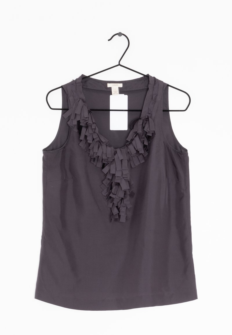 Dark gray sleeveless top with a ruffled neckline detail, made of smooth fabric. Features a tag and a standard hanger for display.
