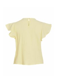 Blouse jaune clair à manches courtes en tissu texturé avec une petite fermeture bouton trou à l'arrière de l'encolure.