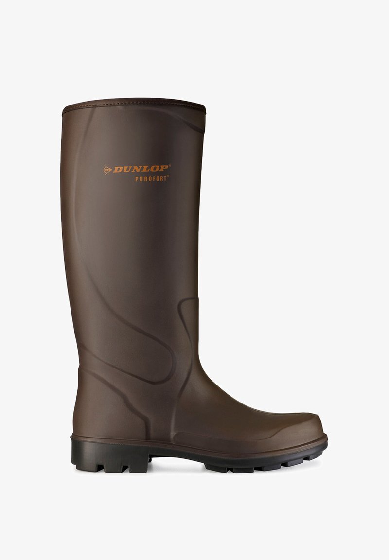 Brown rubber knee-high boot with a textured surface, reinforced toe, and a rugged outsole. Features the "Dunlop Purofort" logo in orange.