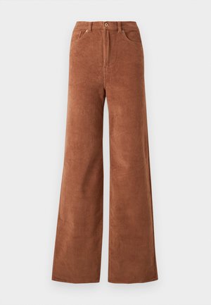 Wijde corduroy broek in een rijke bruine kleur, met verticale ribbels, voorzakken en een knoopsluiting in de taille.