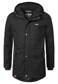 Sort parka-jakke med hætte, lynlås og trykknaplukning, faux pels-for, kontrasterende akcenter, sidelommer og ribbede manchetter.