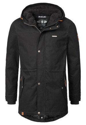Sort parka-jakke med hætte, lynlås og trykknaplukning, faux pels-for, kontrasterende akcenter, sidelommer og ribbede manchetter.