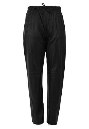 Pantalons en cuir noir avec taille à cordon, poches latérales et coupe fuselée. Texture lisse avec un éclat subtil.