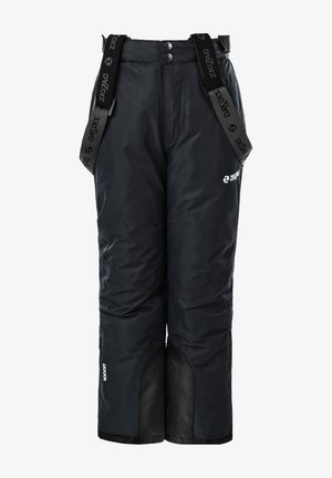 Schwarze, isolierte Schneehosen mit verstellbaren Trägern, ausgestattet mit verstärkten schwarzen Patches an den Unterschenkeln und einem auf der Vorderseite aufgebrachten Logo.
