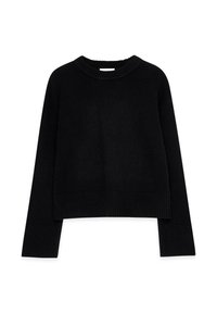 Black cropped sweater made of textured knit, featuring a ribbed neckline and cuffs, with long sleeves and a straight bottom hem.