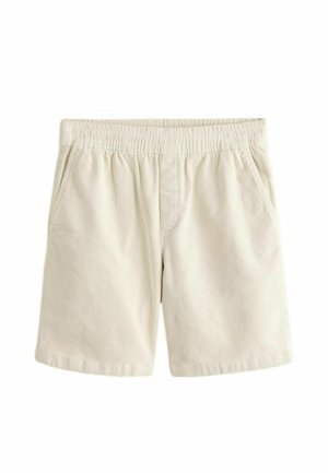 Beige corduroy shorts with elastic waistband and side pockets, knee-length, casual style.
