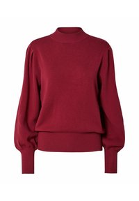 Burgundowy sweter dzianinowy z wysokim prążkowanym kołnierzem, pełnymi bufkami oraz prążkowanym dołem i mankietami, o gładkiej teksturze.