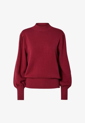 Bordeaux gebreid sweater met een hoge ribbelhalslijn, volle pofmouwen en een ribgebreide onderrand en manchetten, met een zachte textuur.