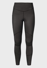 Schwarze Leggings mit einem breiten Bund, hergestellt aus einem dehnbaren, glatten Material. Verfügt über abgerundete Nahtdetails entlang der Beine.