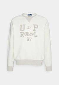 Bílá mikina se šedými akcenty, kulatým výstřihem a raglánovými rukávy. Obsahuje potisk s textem: "U OF P ROL 152" a "67." Měkký materiál.