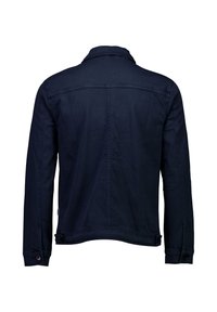 Tummansininen farkkutakki, jossa on kauluspääntie, pitkät hihat ja suora leikkaus. Takana on ompelut yksityiskohdat ja napitettu hihansuu.