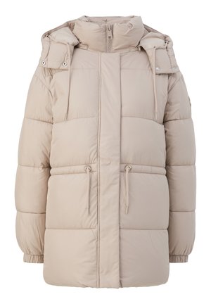 Beige pufferjack met een hoge kraag, verstelbare trekkoorden in de taille en drukknoopsluiting op de schouder. Gladde, gequiltte textuur.