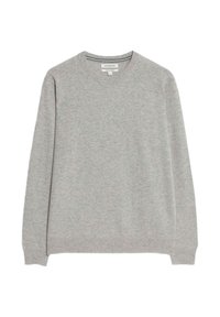 Szary sweter dzianinowy z dekoltem w kształcie litery V, długimi rękawami i dzianinowym wykończeniem mankietów. Wykonany z miękkiego materiału o gładkiej fakturze. Prosty, minimalistyczny design.