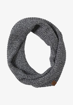 Szary dziergany szalik bez końców z melanżową fakturą oraz małą brązową kwadratową metką na krawędzi.