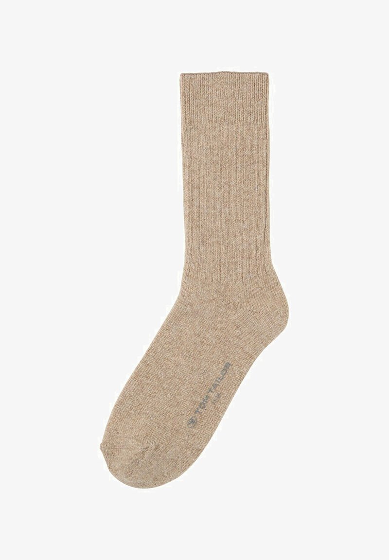 Beige bomuldsstrømpe med ribbet struktur, ankellængde og forstærket tå. Har mærke-logo trykt nær anklen.