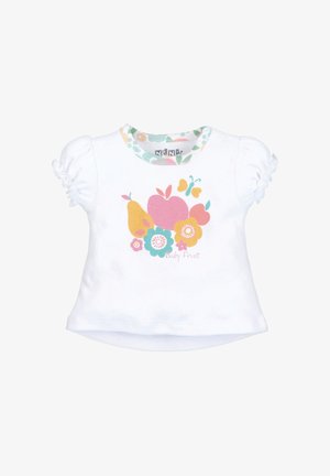 Witte katoenen baby t-shirt met korte, gerufte mouwen. Beschikt over een kleurrijke grafiek van fruit en bloemen, ronde halslijn met een gemusterde rand.