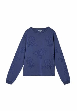 Granatowy bluza z długim rękawem z haftowanymi kwiatowymi wzorami rozproszonymi na przodzie i rękawach, z okrągłym dekoltem, ściągaczami na mankietach i dole.