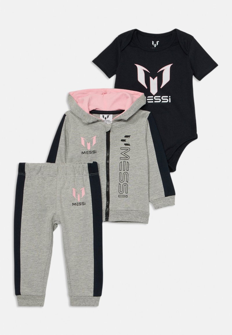 Three-piece baby outfit including a black bodysuit, gray zip-up hoodie with pink accents, and gray pants with navy side stripes and logos.