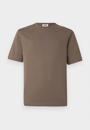 Bruin katoenen T-shirt met korte mouwen, ronde hals en een gladde textuur. Heeft een rechte zoom en een minimalistisch ontwerp.