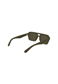 Grüne Sonnenbrille mit rechteckigem Rahmen, aus Kunststoffmaterial, dunkeltönenden Gläsern und breiten, geraden Bügeln. Minimalistisches Design mit kantigen Akzenten.