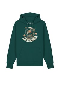 Donkergroene hoodie met een voorzak, voorzien van een afbeelding van een kat in een astronautenhelm en de tekst "CATSTRONAUT" in wit en oranje.