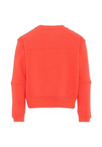 Sudadera de manga larga en naranja brillante con puños, dobladillo y cuello redondo acanalados, mostrada por detrás sobre un fondo blanco.