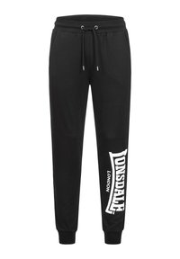 Pantalones jogger negros con cintura elástica y cordón, con el logo blanco "Lonsdale London" en la pierna izquierda.