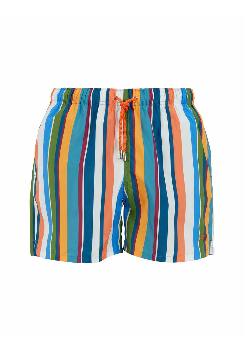 Costume da bagno con un motivo a strisce multicolori che presenta strisce blu, verdi, arancioni e bianche. Vita elasticizzata con un cordoncino arancione.