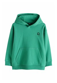 Zöld kapucnis pulóver puha anyagból, elülső zsebbel, bordázott mandzsettákkal és fekete koponya grafikával a bal mellrészen.