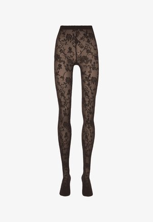 Schwarze florale Spitzenstrumpfhosen mit einem transparenten, strukturierten Design, das ein Muster aus Rosen und Zweigen zeigt, abgeschlossen mit einem festen Taillenbund.