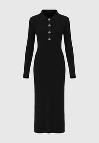 Robe noire en tricot côtelé avec une silhouette ajustée, des manches longues et un col. Dotée de cinq boutons décoratifs sur le devant.