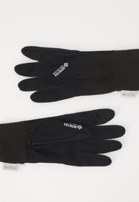 Guanti neri realizzati in materiale Gore-Tex. Esterno liscio con presa testurizzata sulle dita. Presentano il logo sul polso e punte delle dita sensibili al tocco.