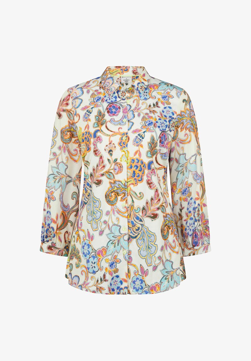 Button-up shirt with long sleeves, made of lightweight fabric featuring a multicolored floral pattern on a white background.