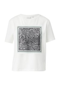 Weißes Baumwoll-T-Shirt mit einem schwarz-grauen Tiermuster in einem rechteckigen Rahmen, der in der Mitte der Vorderseite platziert ist. Kurze Ärmel und lockere Passform.