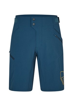 Bermude albastre dintr-un material cu textură netedă. Au două nasturi, multiple buzunare și un detaliu cu un logo portocaliu pe lateral.